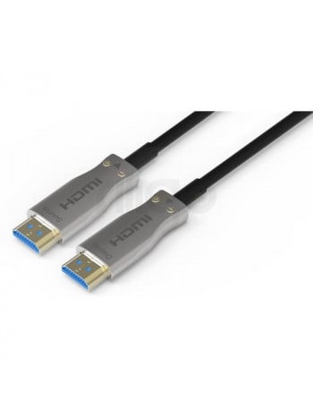 כבל HDMI אופטי שחור עם מחברי HDMI כסופים, מסומנים Source ו-Display