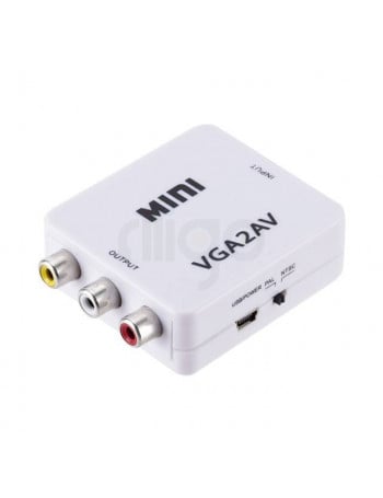 ממיר VGA2AV לבן עם יציאות RCA צהוב, לבן ואדום, וחיבור USB