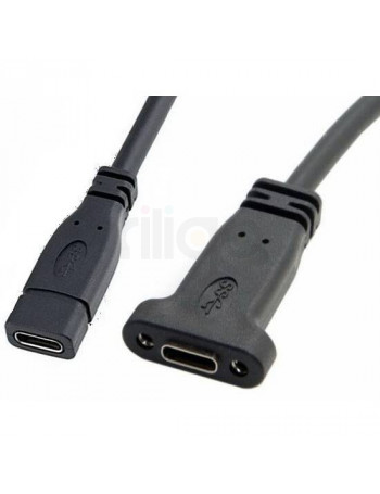 כבל USB Type-C שחור זכר לנקבה לפאנל עם ברגים