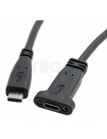 כבל USB Type-C שחור זכר לנקבה עם חיבור לפאנל וברגים