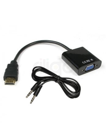 ממיר HDMI ל-VGA שחור עם כבל אודיו 3.5 מ"מ
