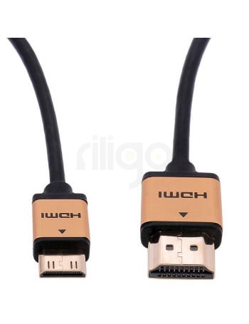 כבל HDMI שחור עם קונקטורים מוזהבים, צד אחד HDMI וצד שני Mini HDMI