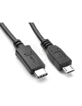 כבל USB שחור עם מחבר Type-C ומחבר Micro USB B 2.0