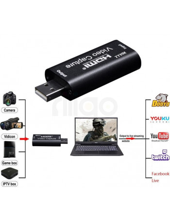 כרטיס לכידת וידאו מ USB זכר ל- HDMI נקבה 1080p