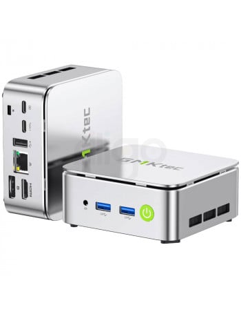 מחשב מיני PC GMKtec G10 כסוף עם חיבורי USB, HDMI, DisplayPort ו-Type-C