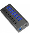 רכזת USB 3.0 שחורה עם 7 פורטים כחולים וכפתורי הפעלה