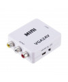 ממיר VGA2AV לבן עם יציאות RCA צהוב, לבן ואדום, וחיבור USB